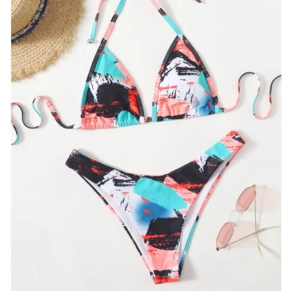 Halter triangle bikini swimsuit with print, Summer
